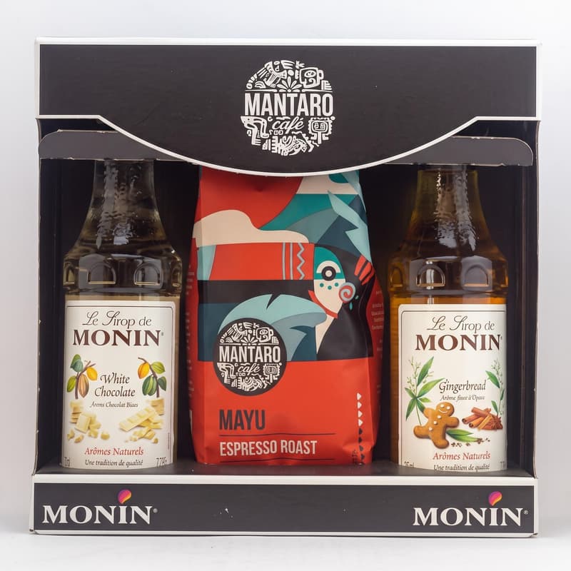 Monin Fehércsokoládé és Mézeskalács szirup (2 x 250 ml) és Mantaro Mayu Espresso Roast szemes kávé (225 g)