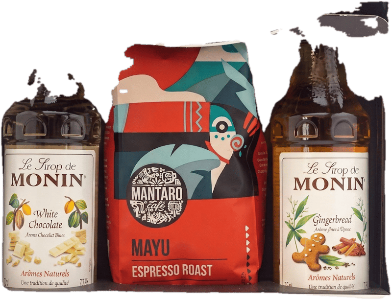 Monin Fehércsokoládé és Mézeskalács szirup (2 x 250 ml) és Mantaro Mayu Espresso Roast szemes kávé (225 g)