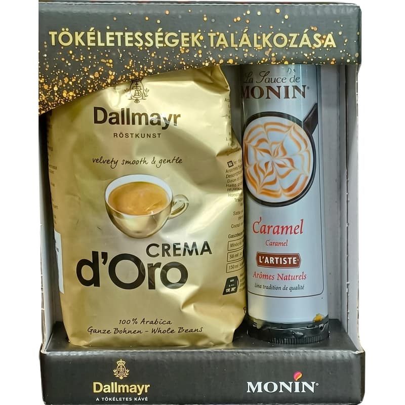 Monin L'Artist Caramel szirup (150 ml) és Dallmayrt Crema d'oro szemes kávé (200 g)