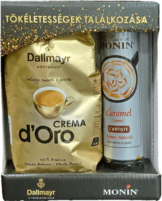 Monin L'Artist Caramel szirup (150 ml) és Dallmayrt Crema d'oro szemes kávé (200 g)