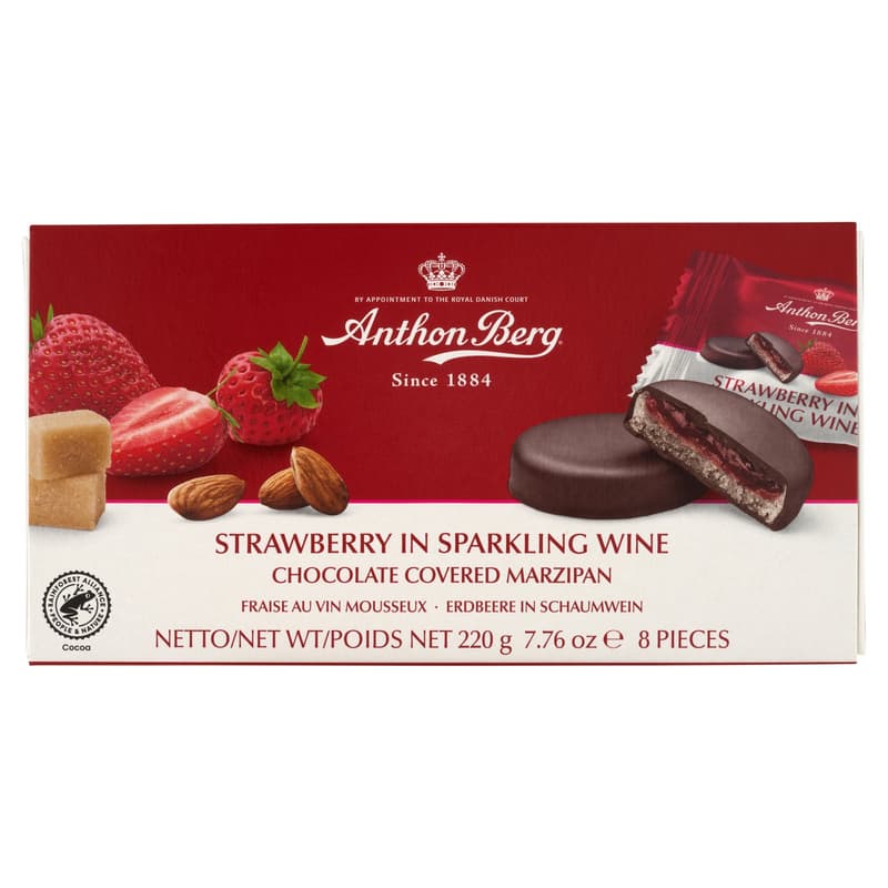 Anthon Berg F&M Chocolate with marzipan and strawberry filling in champagne
