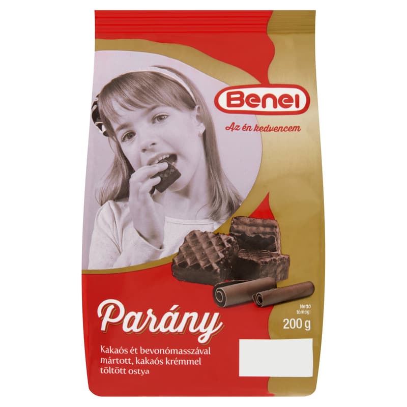 Benei A wafer filled with cocoa cream dipped in a tiny cocoa food coating