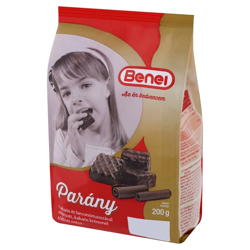 Benei A wafer filled with cocoa cream dipped in a tiny cocoa food coating
