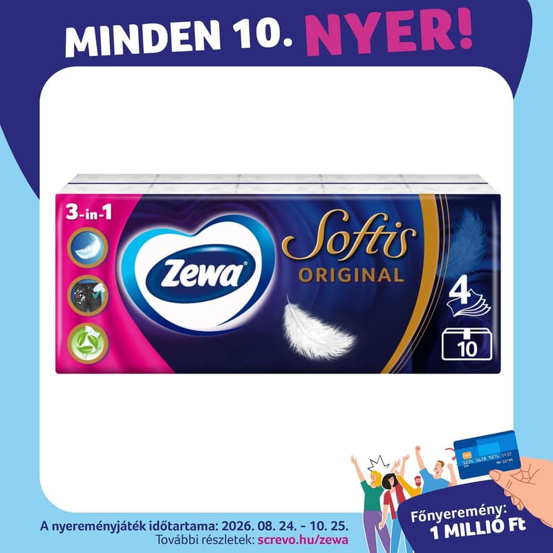 Zewa Softis Original illatmentes papír zsebkendő 4 rétegű