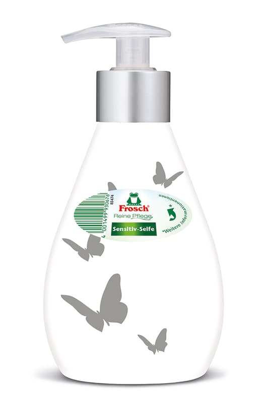 Frosch liquid soap is pumped for sensitive skin