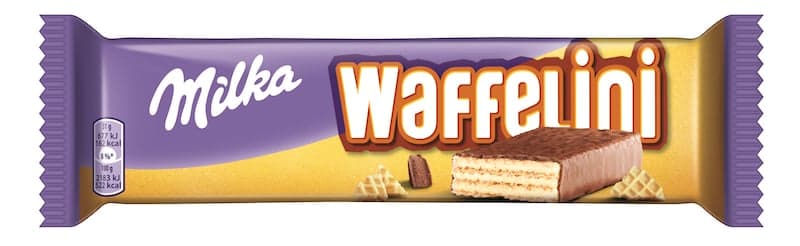 Waffles filled with Milka Waffelini milk flavored cream dipped in alpine milk chocolate