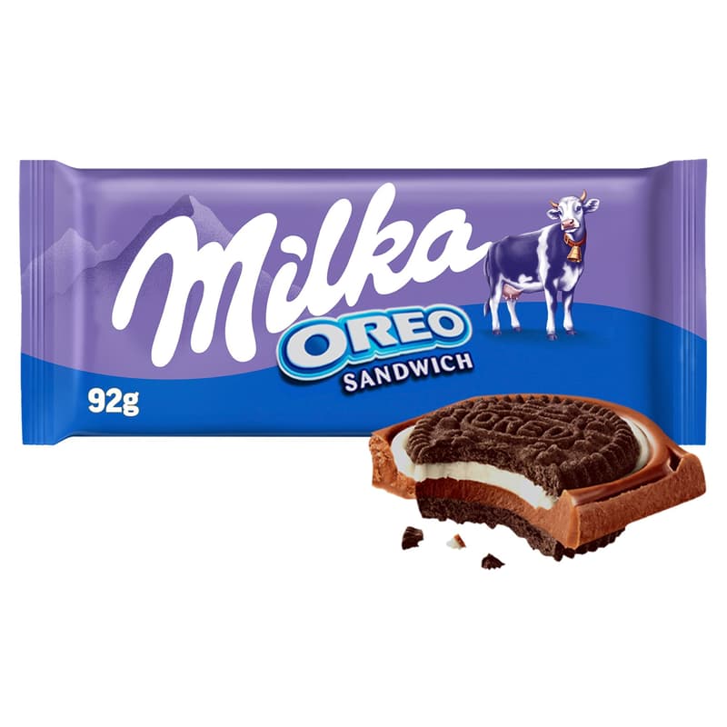 Milka & Oreo Sandwich cocoa biscuits with vanilla flavored milk cream filling on alpine milk chocolate