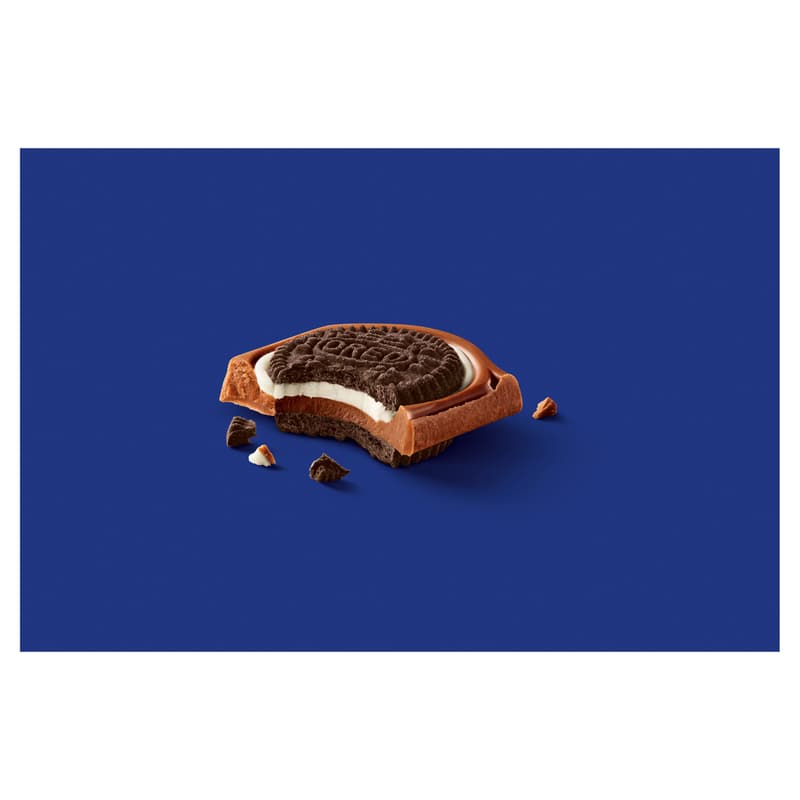 Milka & Oreo Sandwich cocoa biscuits with vanilla flavored milk cream filling on alpine milk chocolate