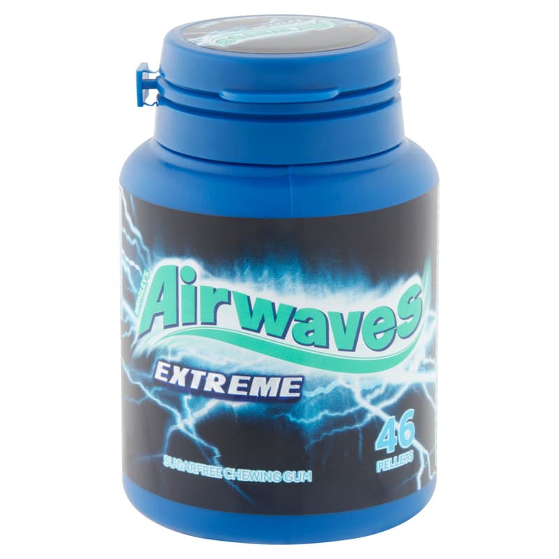 Airwaves Extreme with strong menthol- and eucalyptus-flavored sugar-free chewing gum sweetener