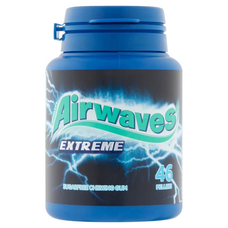 Airwaves Extreme with strong menthol- and eucalyptus-flavored sugar-free chewing gum sweetener
