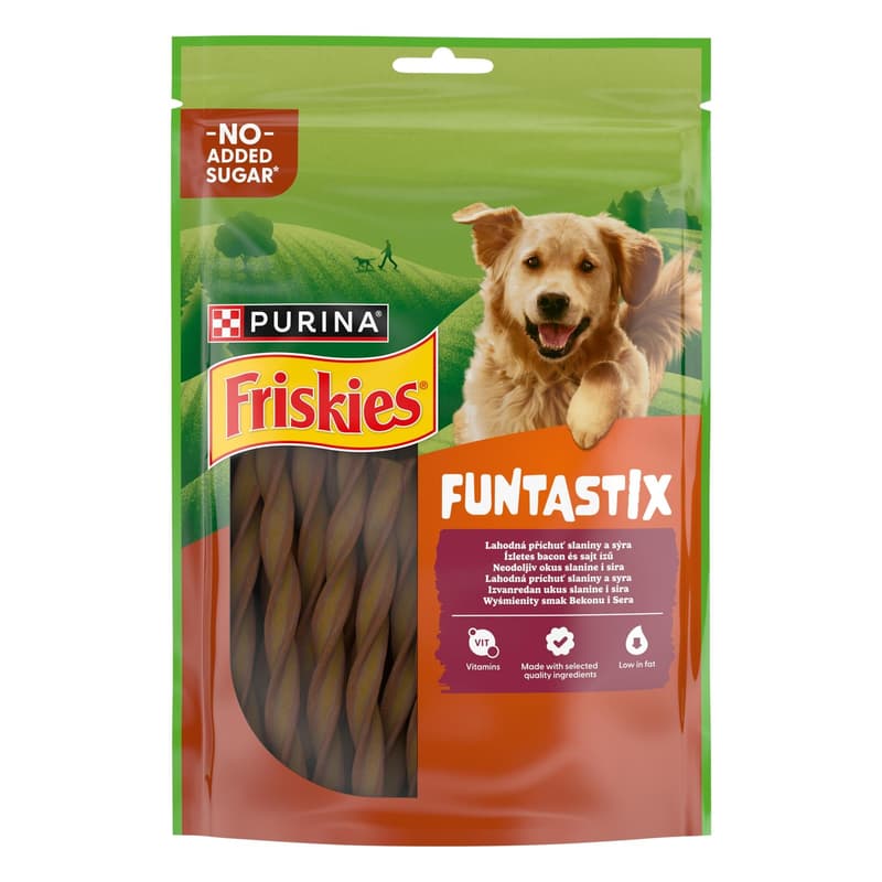 Friskies Funtastix Delicious bacon and cheese flavored dog reward snack