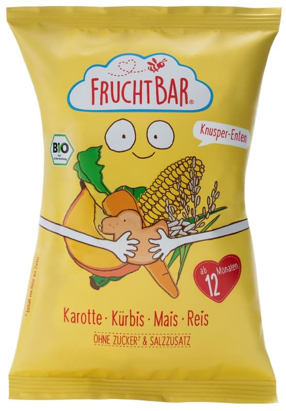 Fruchtbar BIO Ropogós Kukorica Snack Sárgarépával, Sütőtökkel és Rizzsel 12 hónapos kortól