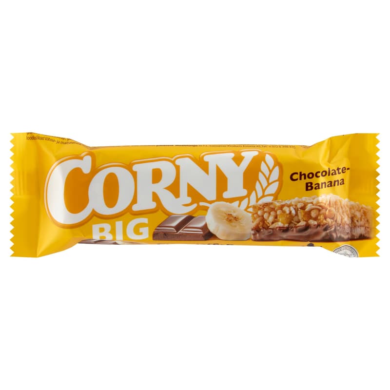 Corny Big banana-flavored muesli slices dipped in milk chocolate