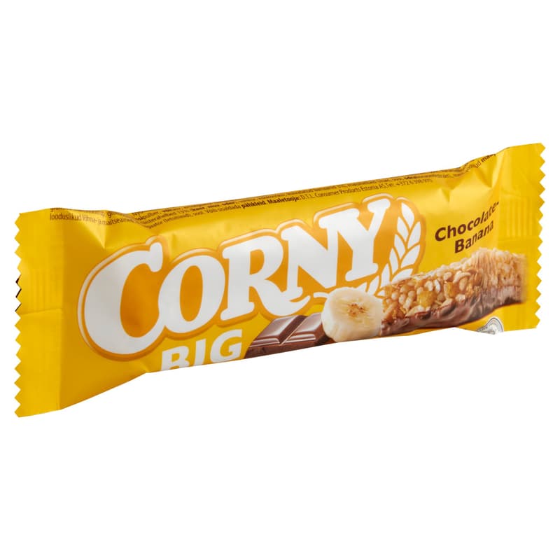 Corny Big banana-flavored muesli slices dipped in milk chocolate