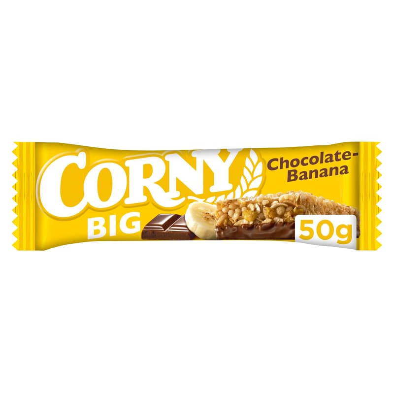 Corny Big banana-flavored muesli slices dipped in milk chocolate