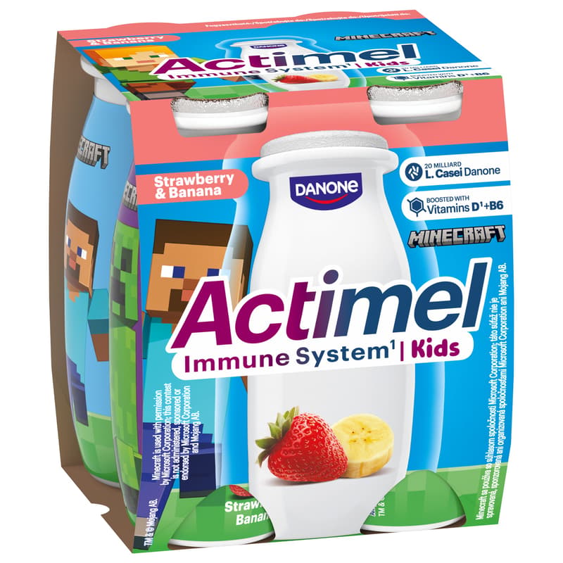 Actimel Kids Low Fat Live Cultured Strawberry-Banana Flavoured Yoghurt Drink (4x100 ml)
