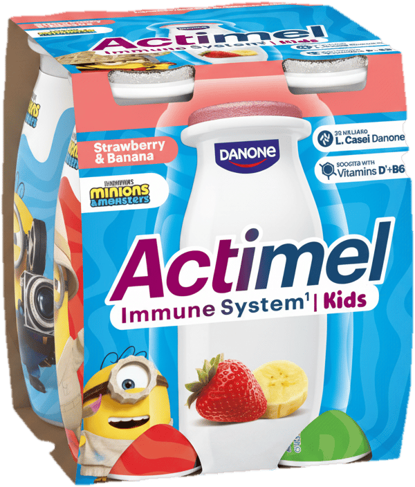 Actimel Kids Low Fat Live Cultured Strawberry-Banana Flavoured Yoghurt Drink (4x100 ml)