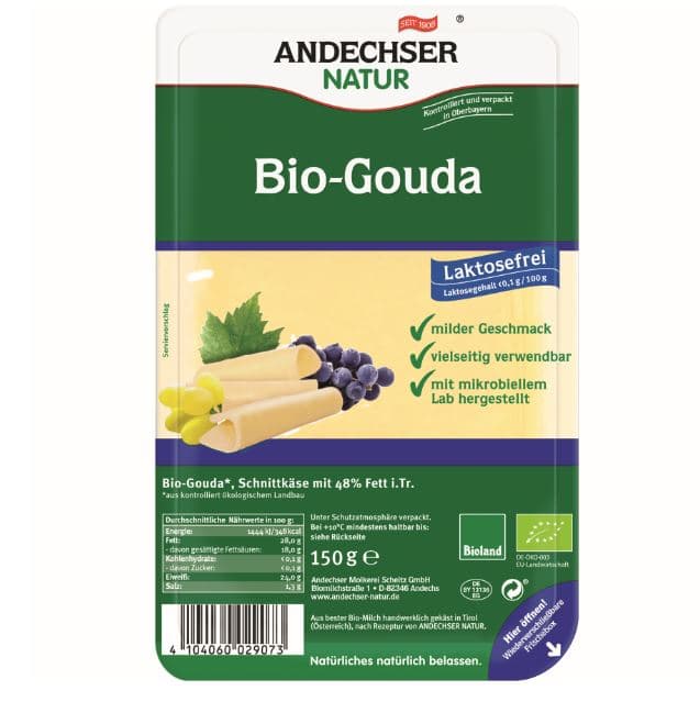 Andechser Organic Sliced Lactose-free Gouda 48%