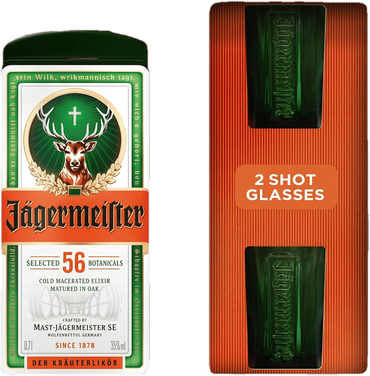 Jägermeister gyógynövénylikőr és 2 pohár díszdobozban