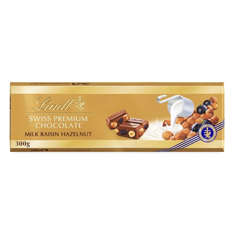 Lindt Svájci tejcsokoládé mazsolával, egész mogyoróval és mandulával