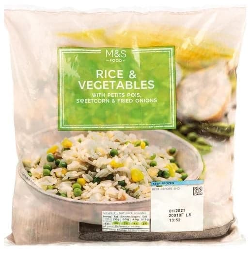 Marks & Spencer A mixture of cooked long grain rice, young green peas, corn & fried onions