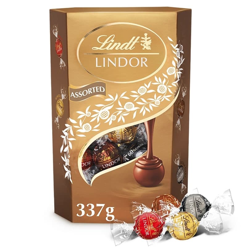 Lindt Lindor Tejcsokoládé,tejcsokoládé mogyoródarabokkal, fehércsokoládé és extra étcsokoládé pralinék lágyan olvadó töltelékkel