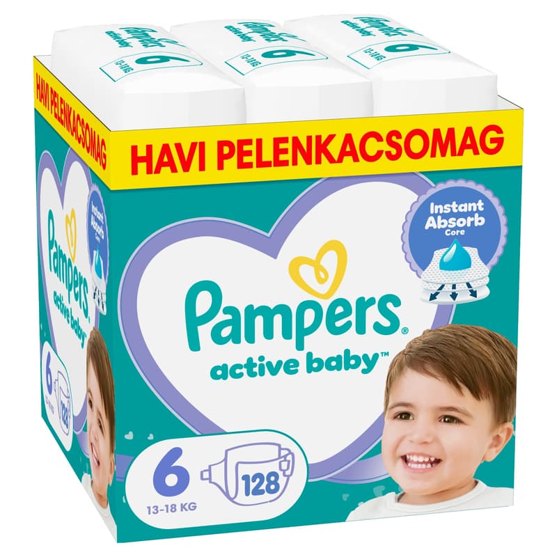 Pampers Active Baby Pelenka, Havi Pelenkacsomag, Méret: 6 (13-18 kg) 128 db
