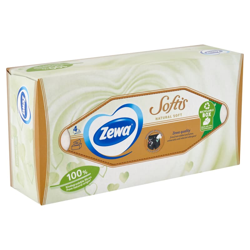 Zewa Softis Natural Soft illatmentes dobozos papír zsebkendő 4 rétegű