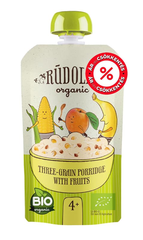 RUDOLFS ORGANIC Gyümölcsös kása 3 féle gabonával GLUTÉNMENTES BIO 4 hónapos kortól
