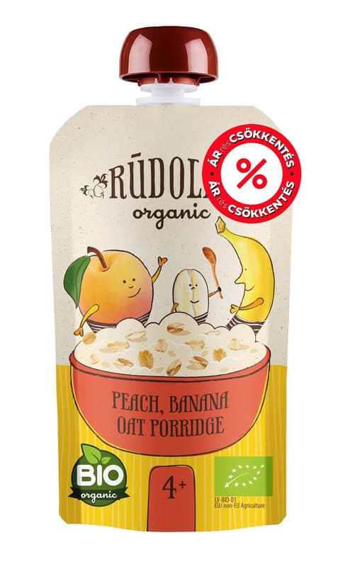 RUDOLFS ORGANIC Őszibarack- banán zabkása GLUTÉNMENTES BIO 4 hónapos kortól
