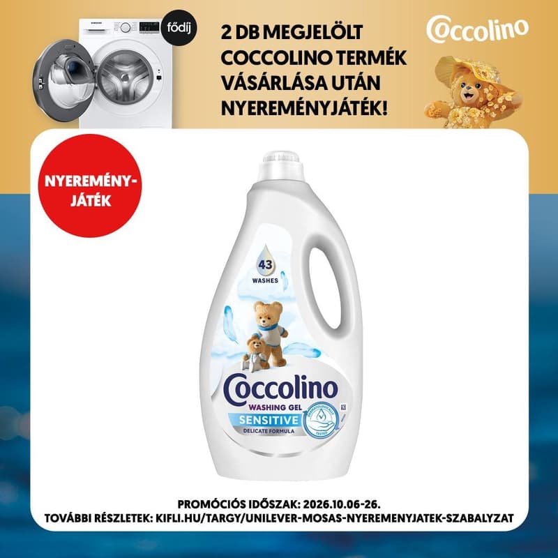 Coccolino Sensitive mosószer érzékeny bőrre, 43 mosás, 1. 72 l