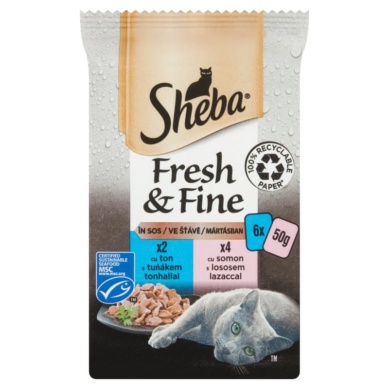 Sheba Fresh & Fine felnőtt macskák számára lazaccal és tonhallal(6 x 50 g)