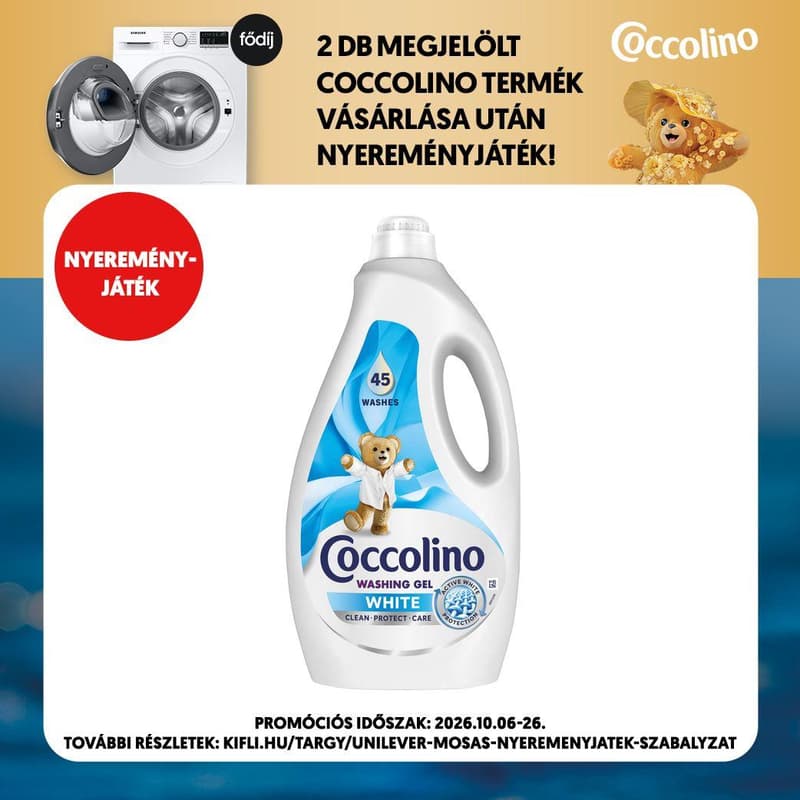 Coccolino White mosószer fehér ruhákhoz, 45 mosás, 1. 8 l