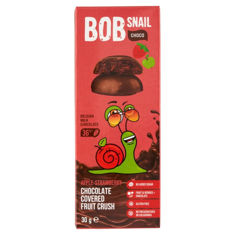 Bob-Snail Natural Apple-strawberry fruit rolls in Belgian milk chocolate