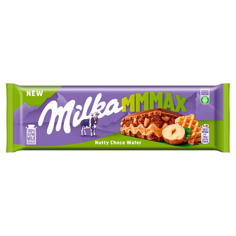Milka MMMAX tejcsokoládé ostyával, mogyorós krémtöltelékkel és mogyoródarabokkal