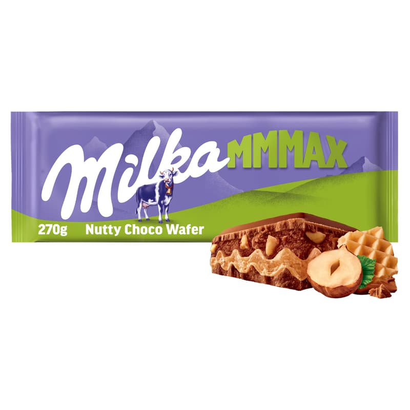 Milka MMMAX tejcsokoládé ostyával, mogyorós krémtöltelékkel és mogyoródarabokkal