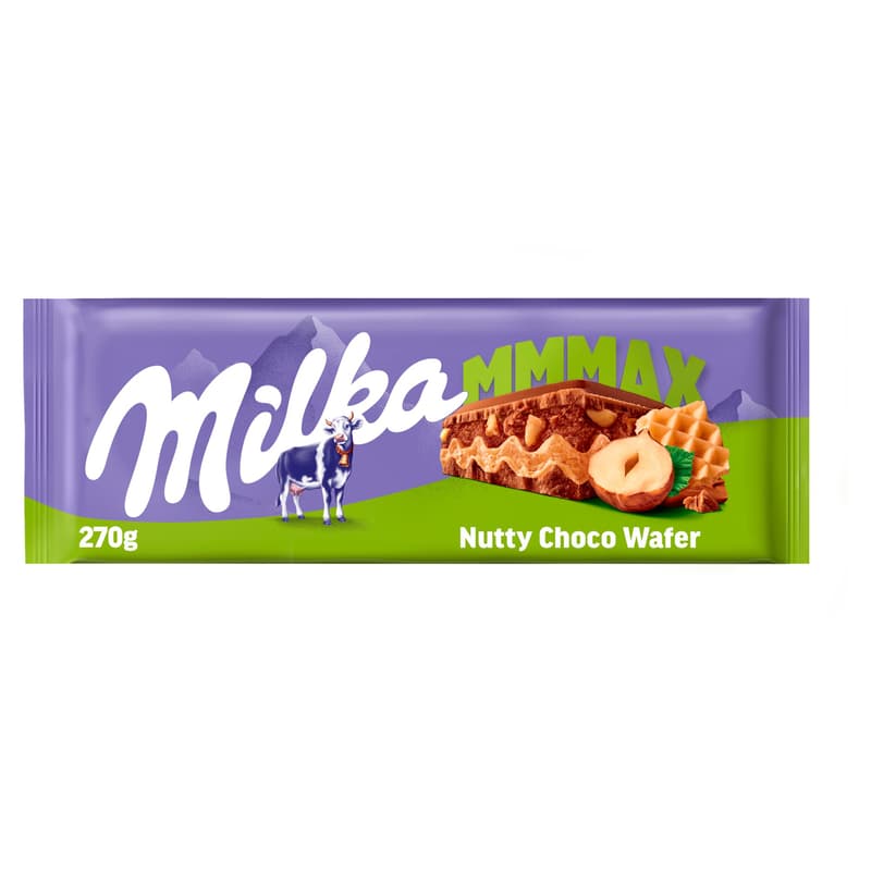 Milka MMMAX tejcsokoládé ostyával, mogyorós krémtöltelékkel és mogyoródarabokkal