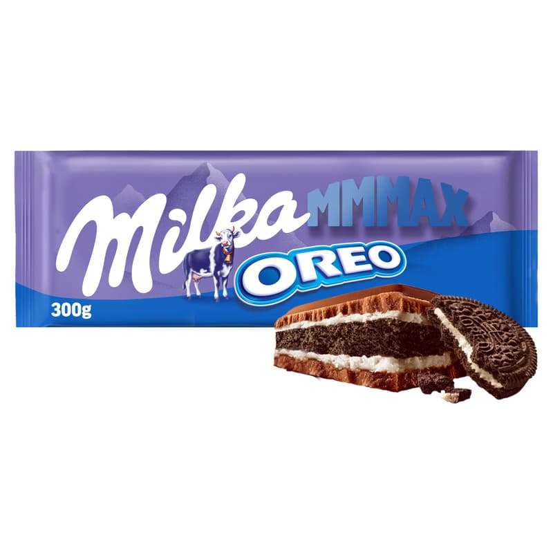 Milka MMMAX Oreo alpesi tejcsokoládé vanília ízű tejes krémtöltelékkel és kakaós keksszel