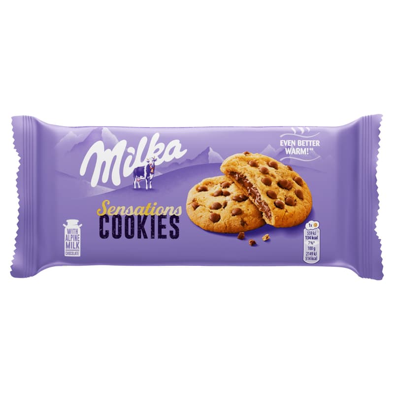 Milka Sensations keksz alpesi tejcsokoládé darabokkal és tejcsokoládés töltelékkel
