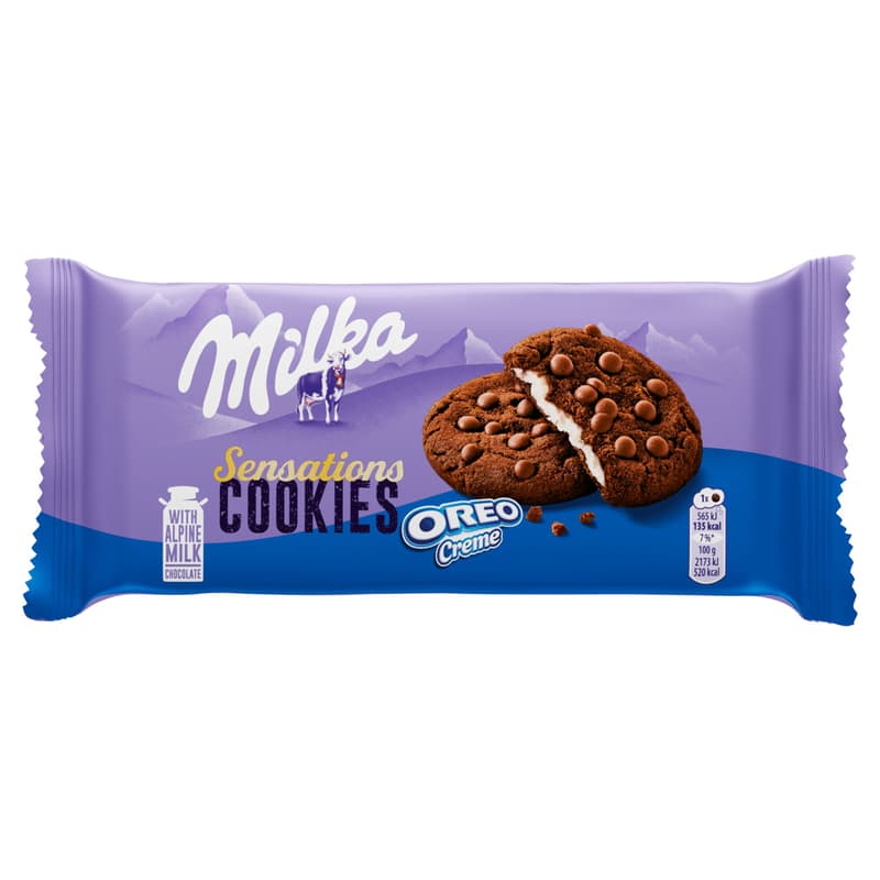 Milka Cookie Sensations Oreo Creme kakaós keksz tejcsokoládé darabokkal és vaníliás töltelékkel