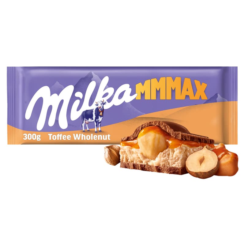 Milka MMMAX alpesi tej felhasználásával készült tejcsokoládé karamell ízű tejes krémtöltelékkel