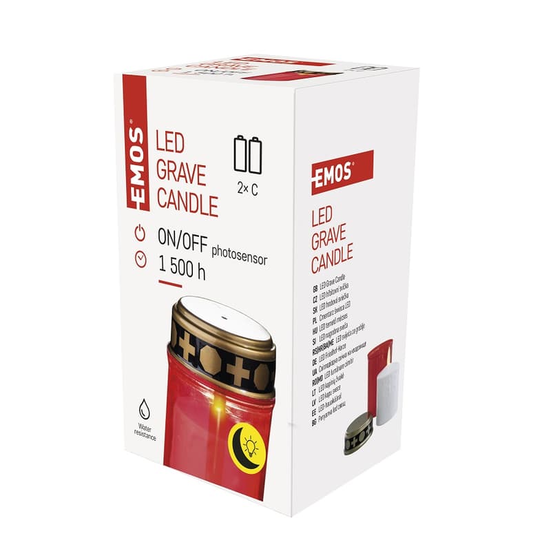 LED temetői mécses, piros, 2x C, kültéri és beltéri, meleg fehér, érzékelő