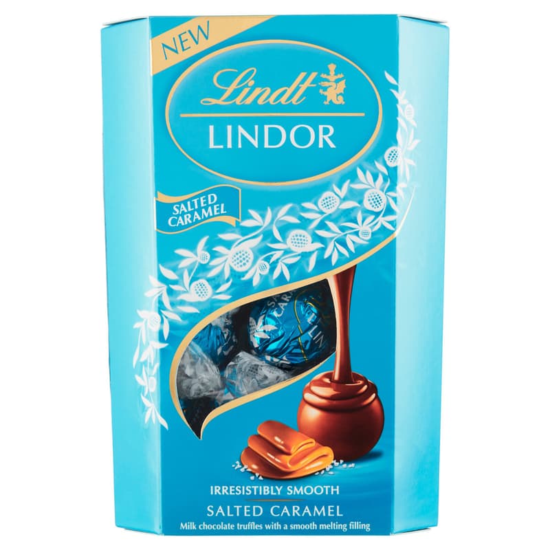 Lindt Lindor tejcsokoládé (Fleur de Sel) sókristályokkal és lágyan olvadó karamellás töltelékkel