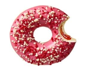 Strawberry filled doughnut with white chocolate sprinkle