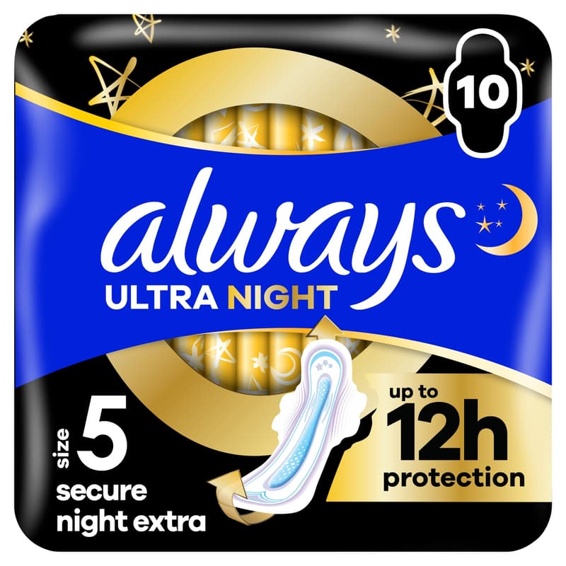 Always Ultra Sanitary Towels Secure Night Extra (Size 5) Wings, 10 ct
