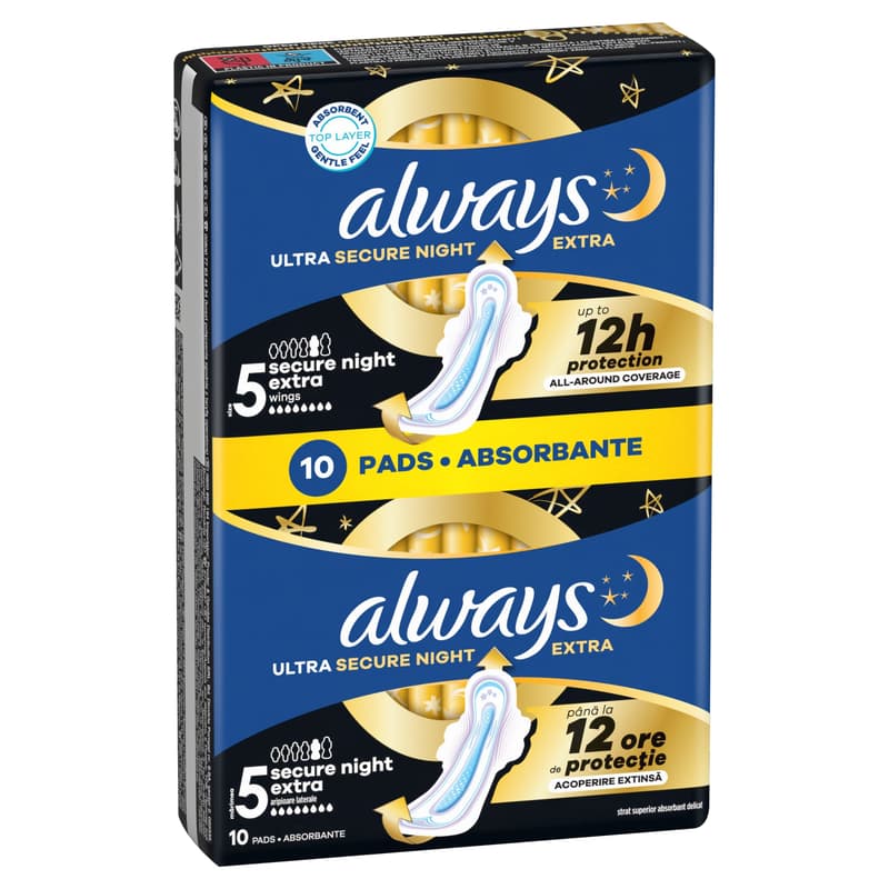 Always Ultra Sanitary Towels Secure Night Extra (Size 5) Wings, 10 ct