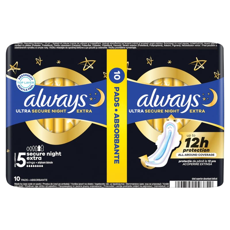 Always Ultra Sanitary Towels Secure Night Extra (Size 5) Wings, 10 ct