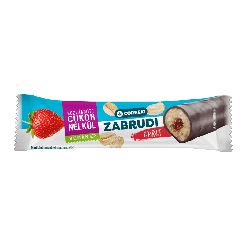 Oat bar with strawberry filling and cocoa coating, with sweetener, with no added sugar