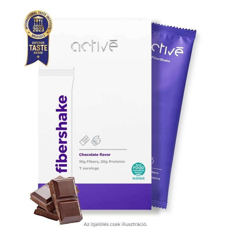 High protein shake powder with fiber, sugar and sweeteners. Chocolate flavored