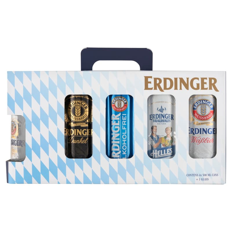 ERDINGER díszdoboz (1 Hefe + 1 Dunkel + 1 Alkoholfrei + 1 Helles + 1 pohár)